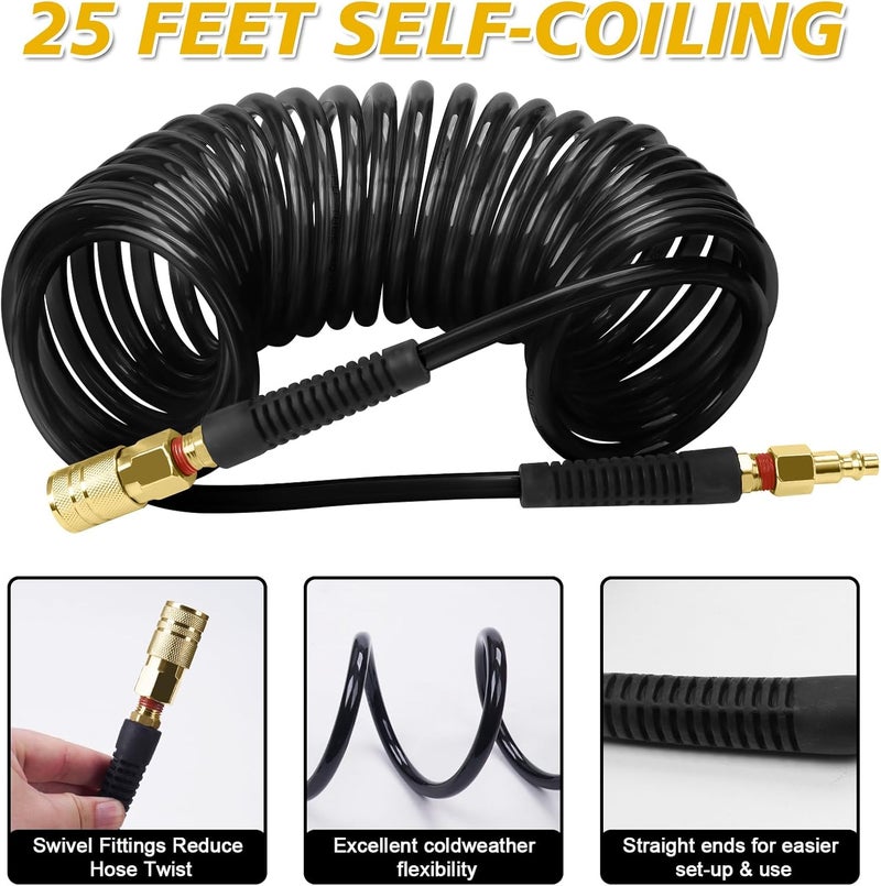 BOTSROOM Air Compressor Hose 1/4 in x 25 ft PU Air Hose Kit with 1/4" Industrial Air Fittings and Bend Restrictors, Working Pressure of 300 PSI, Black - Image 2